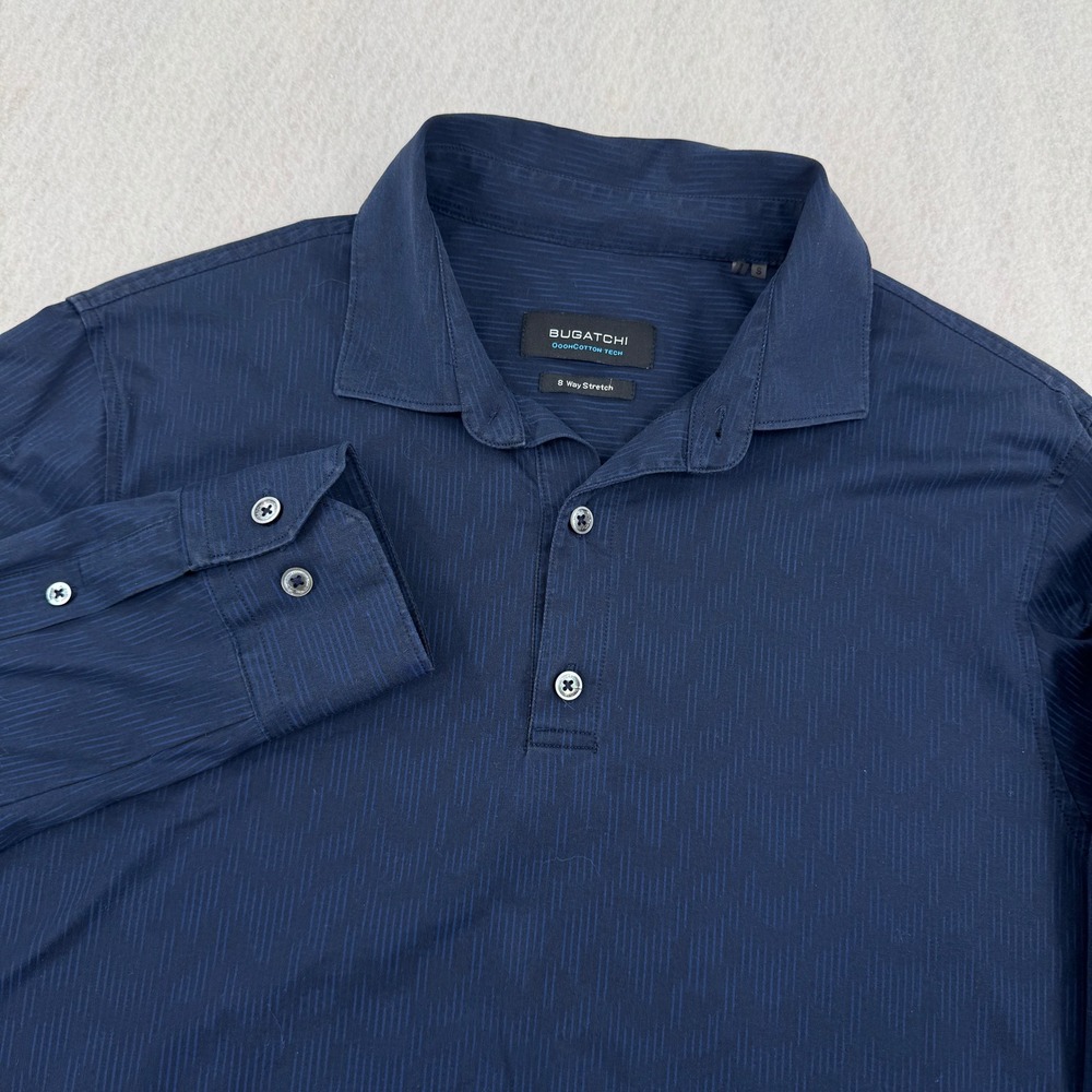 Bugatchi OoohCotton Tech 8-Way Stretch Long Sleeve Polo Mens S Navy Blue Casual